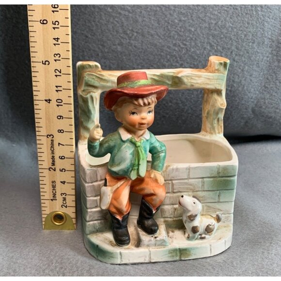 Vintage Hand-Painted Ceramic Boy with Dog at Wishing Well Planter 5" Tall - Picture 6 of 8
